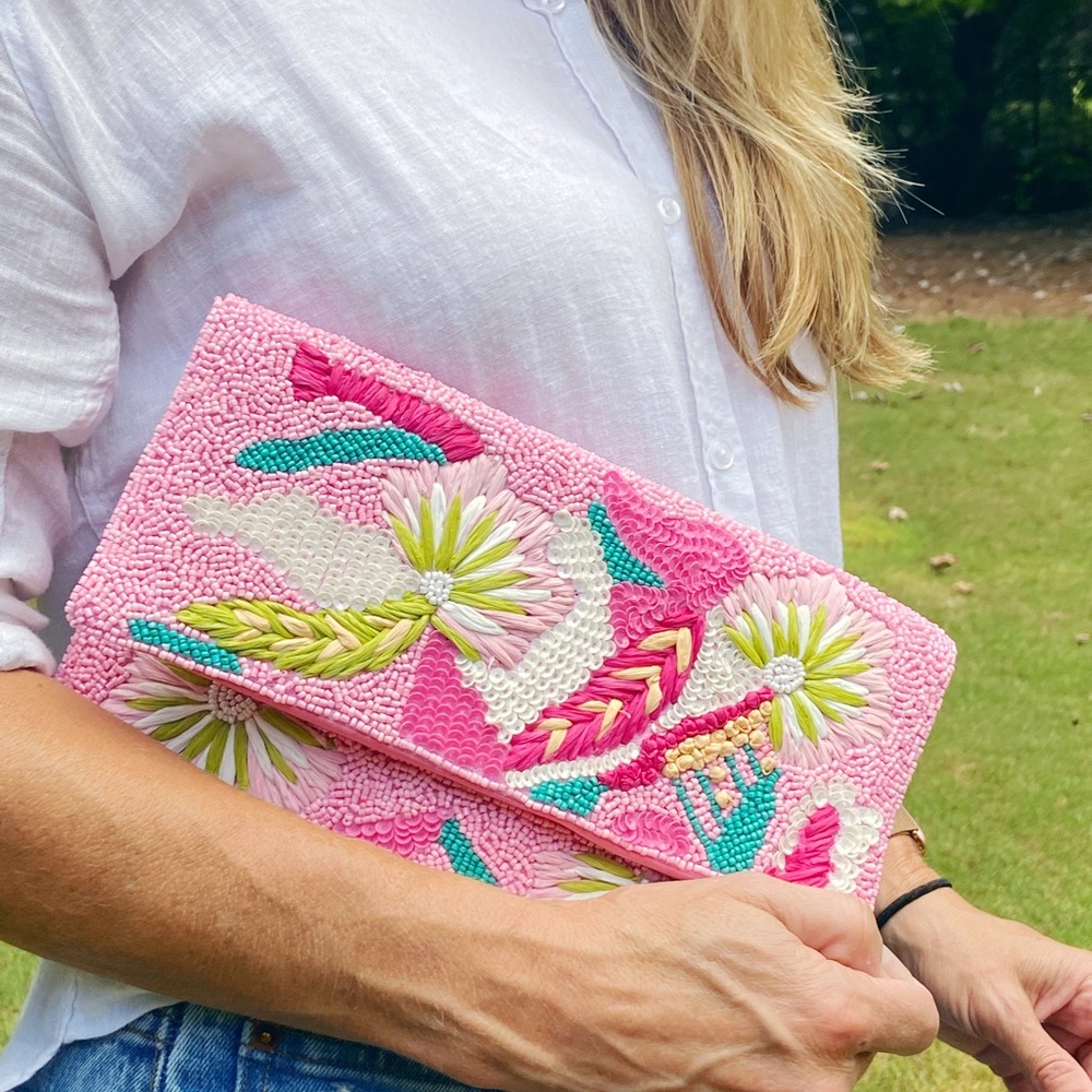 Pink Embroidered Beaded Clutch